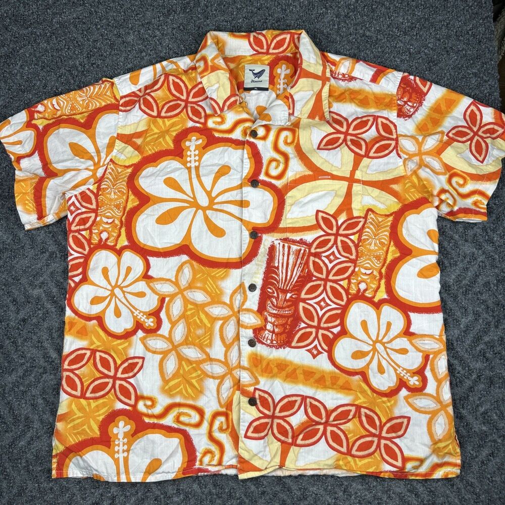 Yiume Hawaiian Button Down Shirt Mens XL Orange Floral Tiki Loop Collar Camp